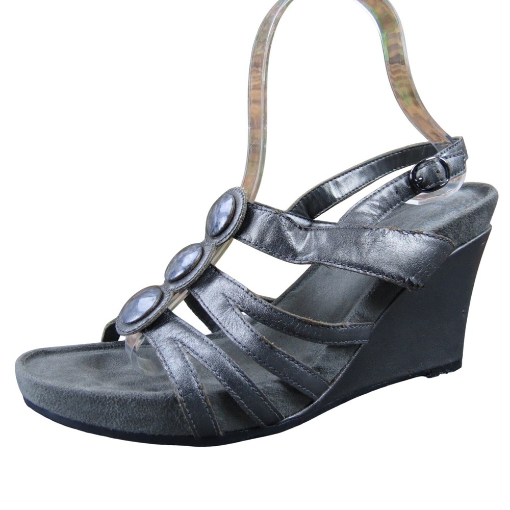 Aerology Plushetta Women 8.5‎ Pewter Synthetic Wedge Sandals Strappy Comfort
